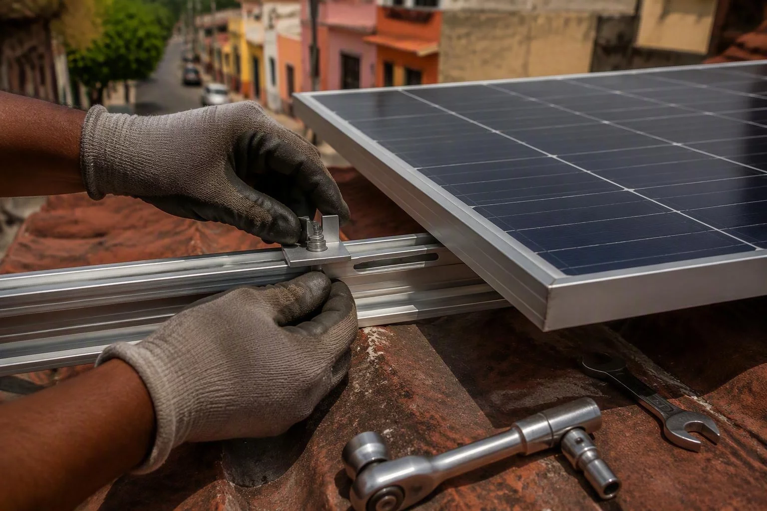 Dos manos con guantes de trabajo apretando la grapa de un módulo solar sobre un riel de aluminio, con herramienta a un lado